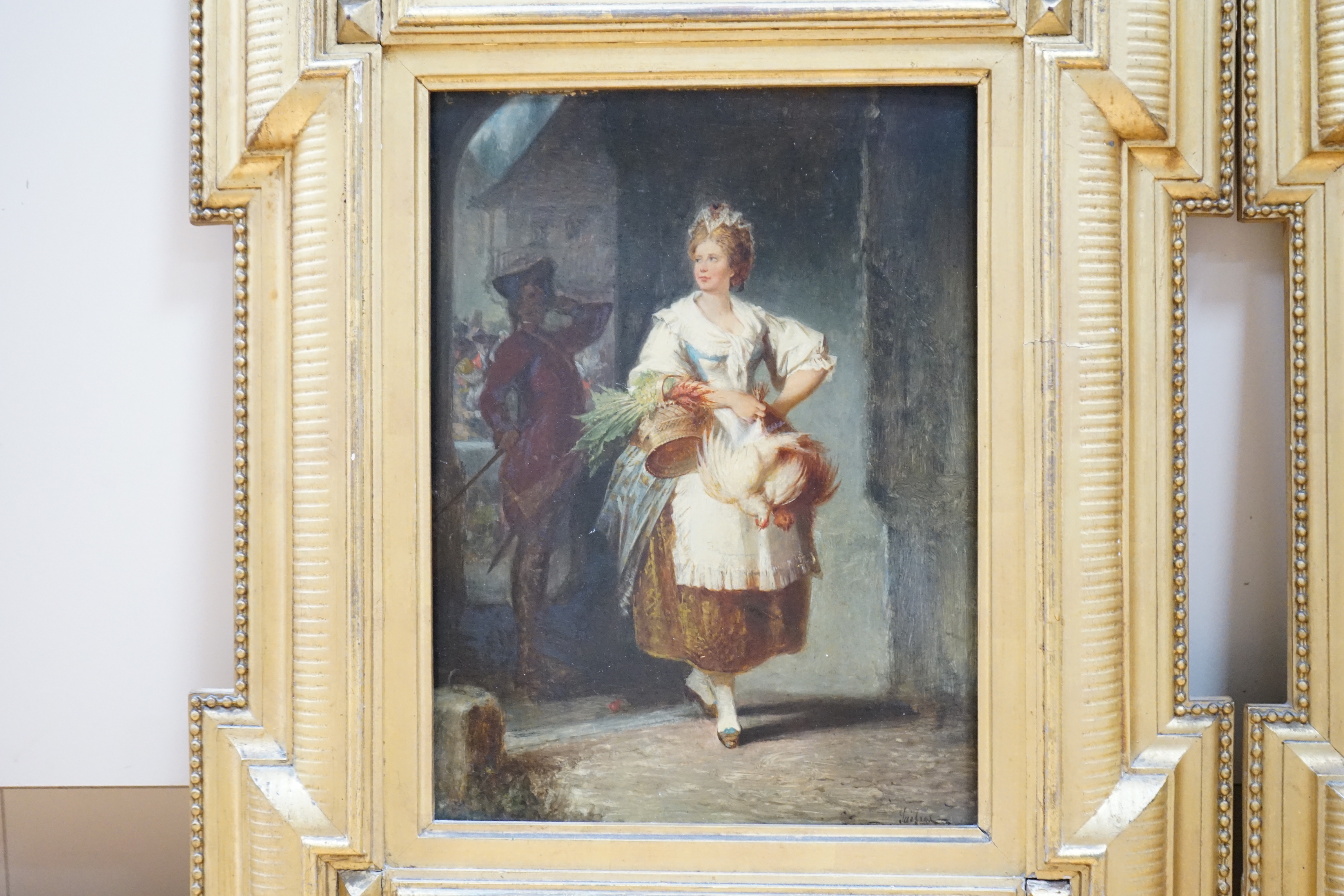 19th century German School, pair of oils on panel, Gentleman and maid and Poultry seller and soldier, 26 x 20cm, housed in moulded gilt frames